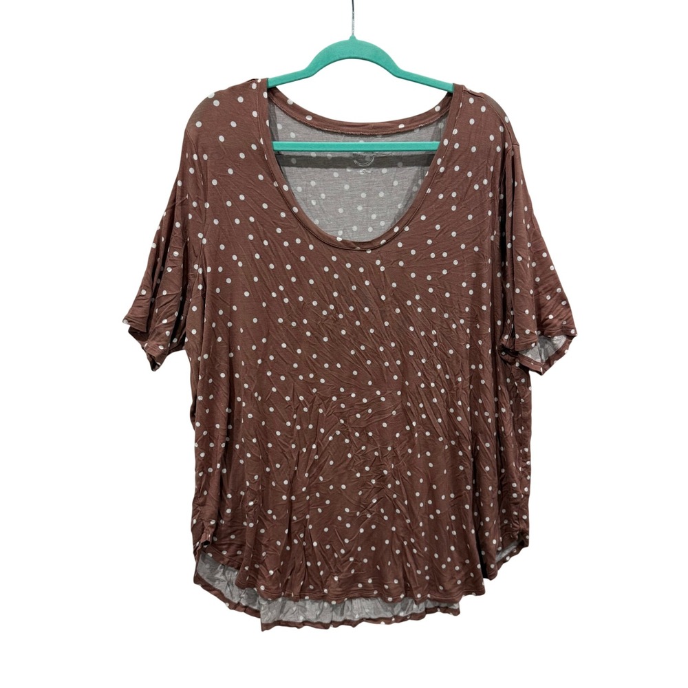 24/7 Comfort Apparel Women Brown Polka Dot Scoop Neck Short Sleeve Top 3X